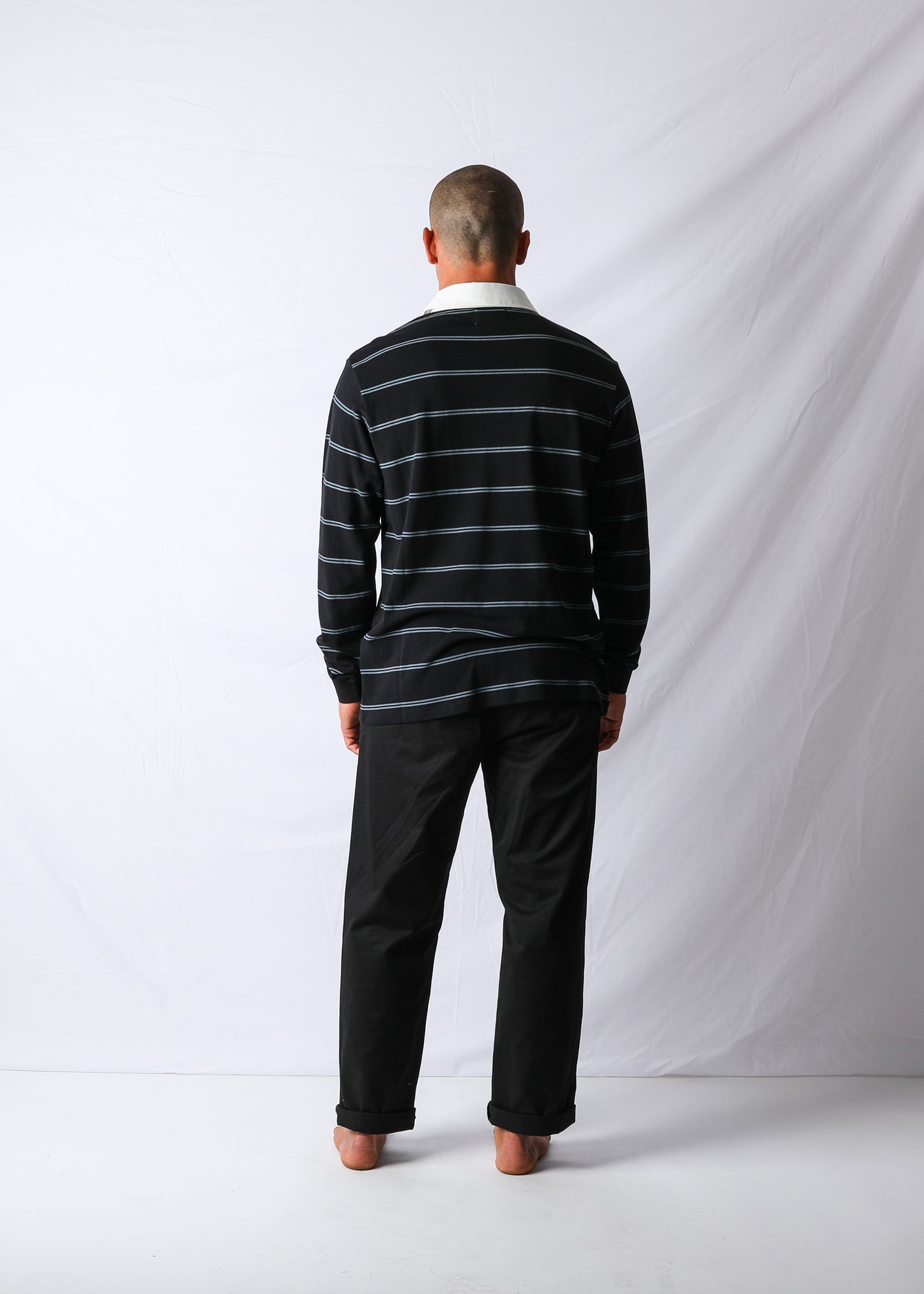 NAVIGATING STRIPES LS RUGBY POLO : BLACK/BLUE