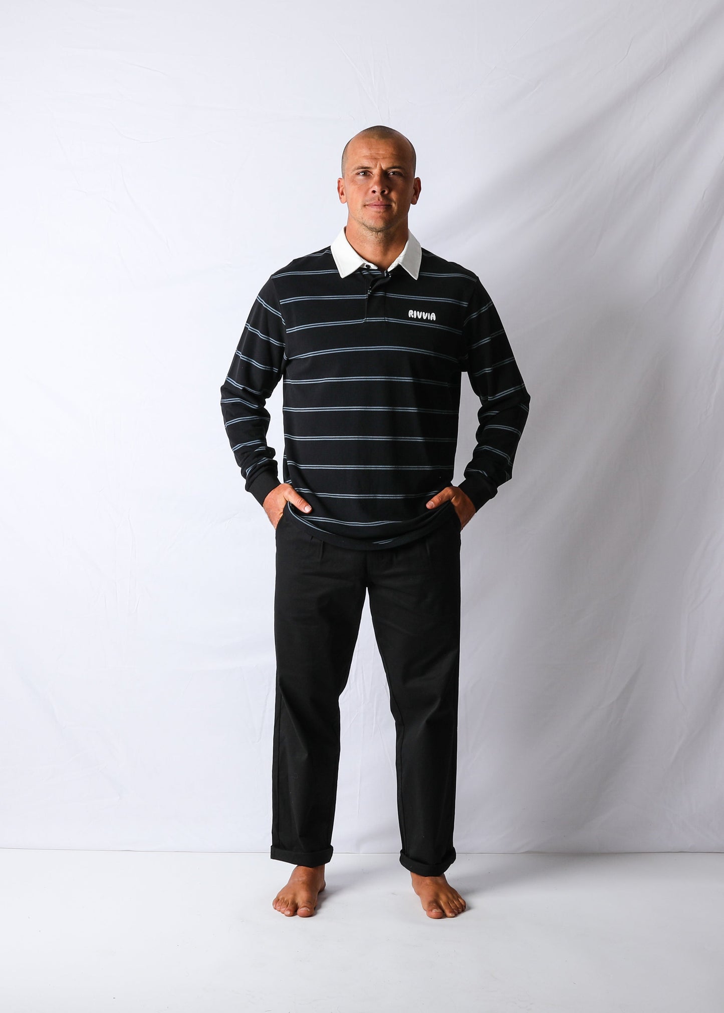 NAVIGATING STRIPES LS RUGBY POLO : BLACK/BLUE