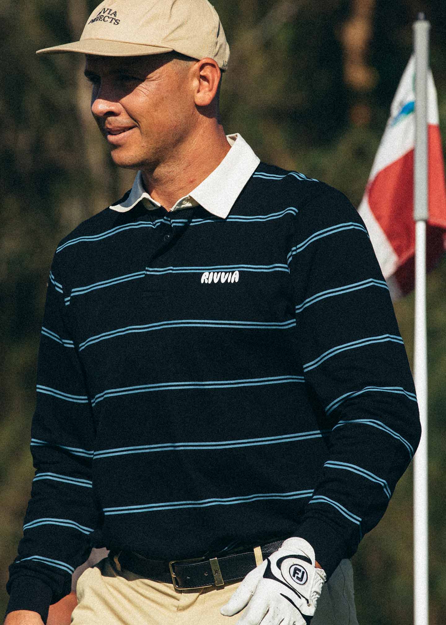 NAVIGATING STRIPES LS RUGBY POLO : BLACK/BLUE